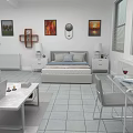 Modern Apartment Interior with Sofa Bed Coffee Table Wall Paintings Windows Floor Lamp and Blinds