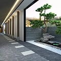 Modern Elevator Corridor Design With Columns LED Lighting And Courtyard Pine Tree 3d model