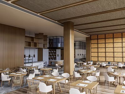 Elegant Restaurant Interior With Wooden Elements Woven Ceiling White Chairs And Open Layout 3d model
