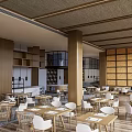 Elegant Restaurant Interior With Wooden Elements Woven Ceiling White Chairs And Open Layout 3d model