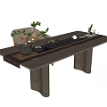 Modern Wooden Tea Table With Tea Set Potted Plant And Decorative Items