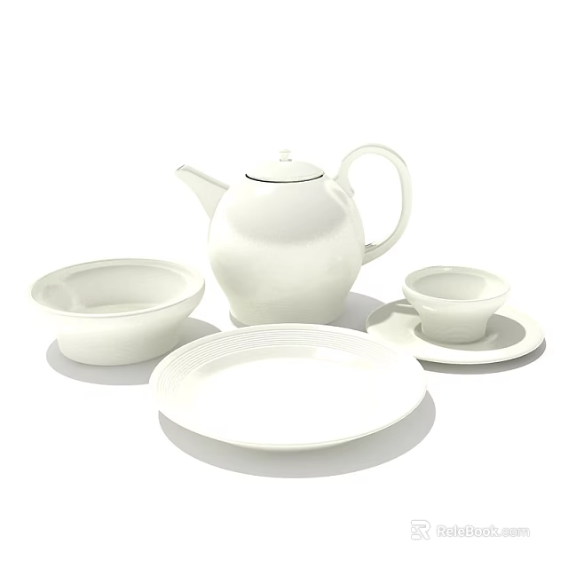 White Tea Set with Teapot Teacup Bowl and Plate for Serving 3d model 
