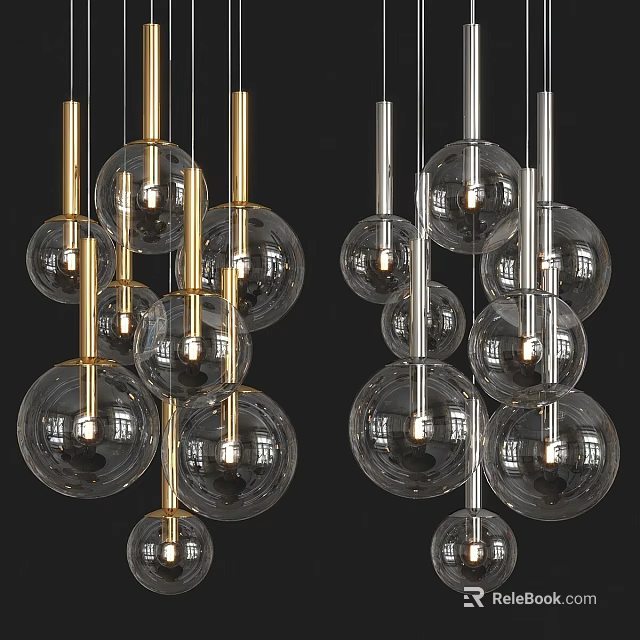 Contemporary Transparent Glass Ball Chandeliers With Metallic Rods And Hanging Cluster Design 3d model 