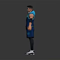 3D Character In Blue Vest And Shorts With Black Wristbands Standing On Gray Background