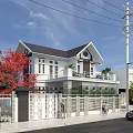 Modern Detached Villa With White Exterior Black Roof Front Yard Green Plants And Red Tree