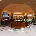 Warm Restaurant Interior With Hanging Pendant Lights Round Tables Green Plants And Curved Seating