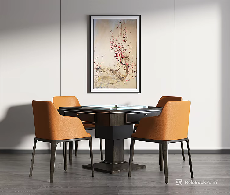 Entertainment Table With Four Orange Chairs Hanging Red Flower Painting On White Walls Wooden Floor 3d model 