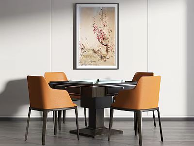 Entertainment Table With Four Orange Chairs Hanging Red Flower Painting On White Walls Wooden Floor 3d model