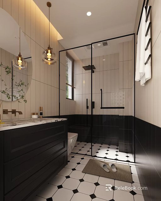 Modern Sophisticated Two Tone Bathroom With Black Framed Glass Shower And Elegant Pendant Lights 3d model 