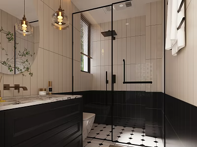 Modern Sophisticated Two Tone Bathroom With Black Framed Glass Shower And Elegant Pendant Lights 3d model