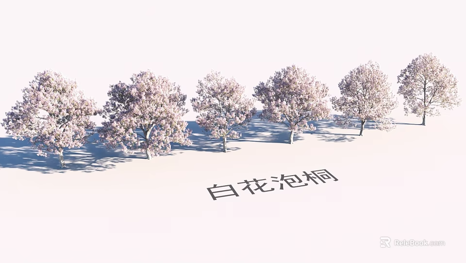 Scenic Garden Landscape With Rows Of Blooming White Flowered Paulownia Trees 3d model 