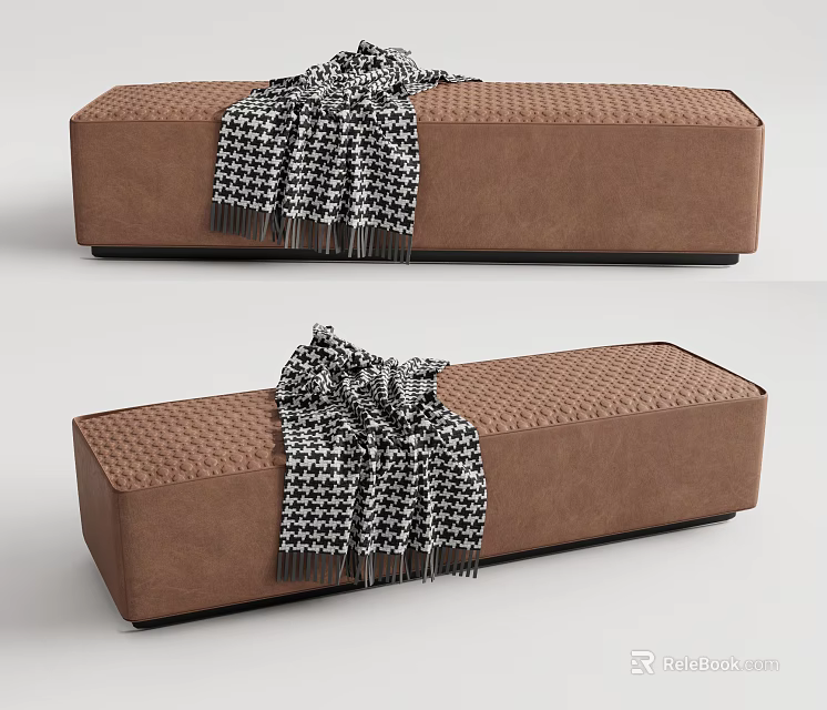 Modern Brown Sofa Bench With Tufted Surface And Black White Houndstooth Blanket 3d model