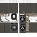 Modern Gray Bathroom Cabinetry With Washing Machine Dryer Marble Countertop And LED Lighting