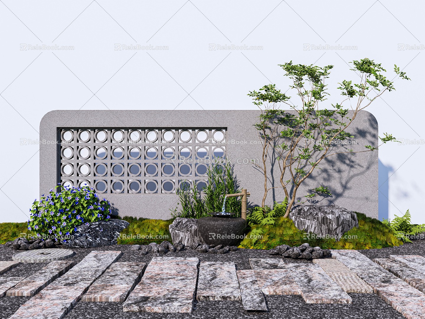 On-site courtyard hollow view wall opposite view cement brick tingbu plant bamboo flowing water model