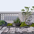 Gray Garden Wall with Circular Hollow Design Green Plants and Stone Path