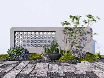 On-site courtyard hollow view wall opposite view cement brick tingbu plant bamboo flowing water 3d model