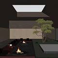Modern Hotel Public Lounge Area With Fire Pits Green Plants And Water Features