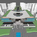 Modern Circular Sales Office Building With Central Courtyard Trees And Water Feature