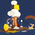 Whimsical Art Installation With Clouds Stars Ladder Parachute Moon And Orange Structure
