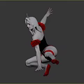 Woman With White Hair In Black And Red Outfit Doing Dancing Pose On Reflective Floor
