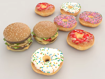 Delicious Hamburgers with Sesame Seeds and Colorful Donuts Topped with Frosting and Sprinkles 3d model