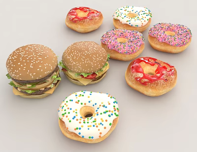 Delicious Hamburgers with Sesame Seeds and Colorful Donuts Topped with Frosting and Sprinkles 3d model