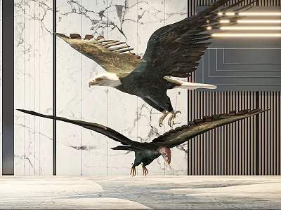 Two Majestic Eagles Flying in Modern Interior With Marble Walls and Lighting 3d model