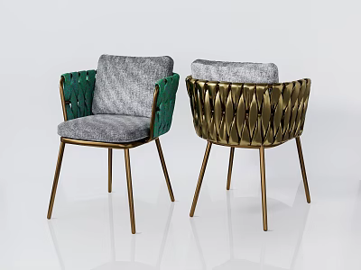 Modern Green and Gold Dining Chairs With Woven Backrests Gray Cushions and Metal Legs 3d model