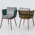 Modern Green and Gold Dining Chairs With Woven Backrests Gray Cushions and Metal Legs
