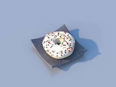 Delicious Donut with White Frosting and Colorful Sprinkles on Gray Square Plate 3d model