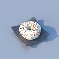 Delicious Donut with White Frosting and Colorful Sprinkles on Gray Square Plate