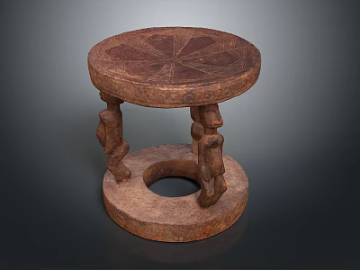 Decorative Wooden Stool With Round Carved Top And Ornate Base Design 3d model