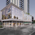 Modern High Rise Residential Building With Glass Facade Tree Surroundings And Ground Floor Shops