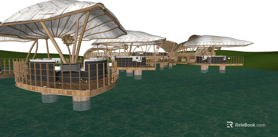 Waterfront Boutique Guesthouse With Wooden Umbrella Roofs On Floating Platforms 3d model 