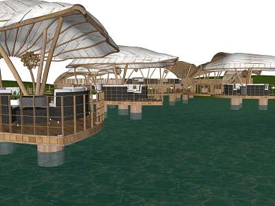 Waterfront Boutique Guesthouse With Wooden Umbrella Roofs On Floating Platforms 3d model