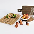 Wooden Cutting Board with Halved Green Fruits Black Seeds and Bowl of Red Yellow Fruits