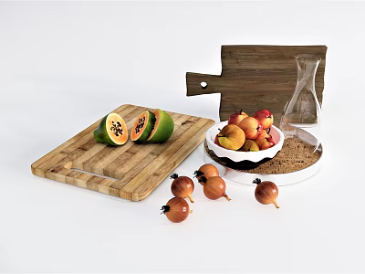 Wooden Cutting Board with Halved Green Fruits Black Seeds and Bowl of Red Yellow Fruits 3d model