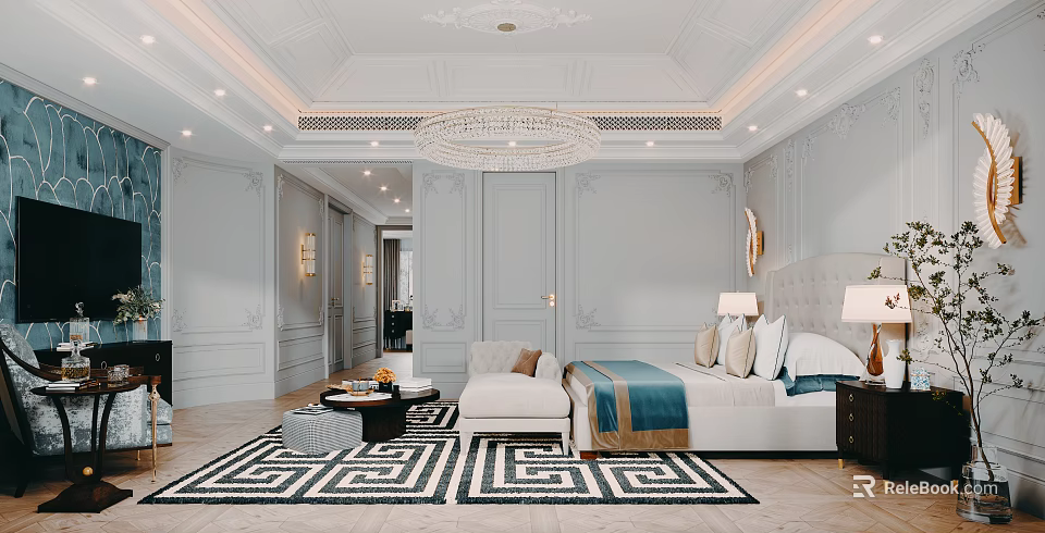 Elegant Classic Bedroom Interior With Crystal Chandelier White Walls Area Rug And Bed 3d model 