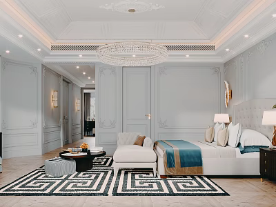 Elegant Classic Bedroom Interior With Crystal Chandelier White Walls Area Rug And Bed 3d model