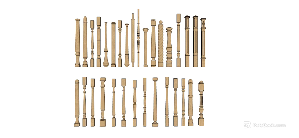 Wooden Balusters with Various Decorative Designs and Different Structural Styles for Home Railings 3d model 