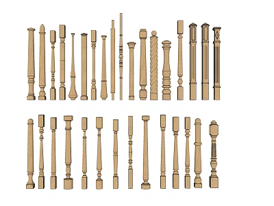 Wooden Balusters with Various Decorative Designs and Different Structural Styles for Home Railings 3d model