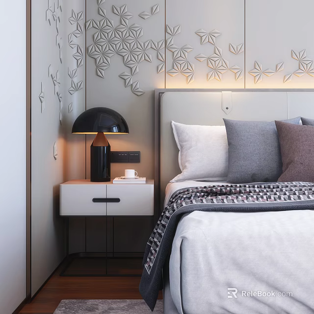 Modern Bedside Table with Black Lamp White Cup and Decorative Leaf Wall near Bed 3d model 