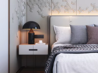 Modern Bedside Table with Black Lamp White Cup and Decorative Leaf Wall near Bed 3d model