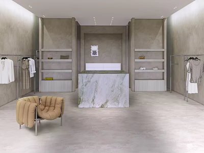 Neutral Modern Clothing Store Interior With Marble Cashier Counter Shelves Racks And Accent Chair 3d model