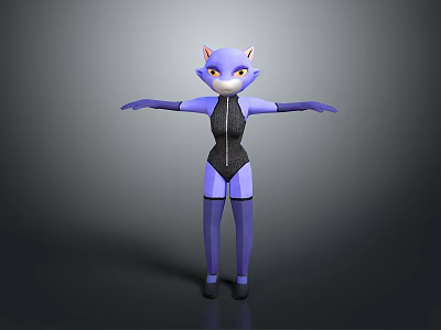 Anthropomorphic Purple Cat Character In Black Bodysuit With Open Arms Standing Pose 3d model