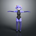 Anthropomorphic Purple Cat Character In Black Bodysuit With Open Arms Standing Pose
