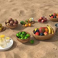 Fresh Assorted Fruits Arranged on Sand in Wooden Bowls with Water Jug and Glass