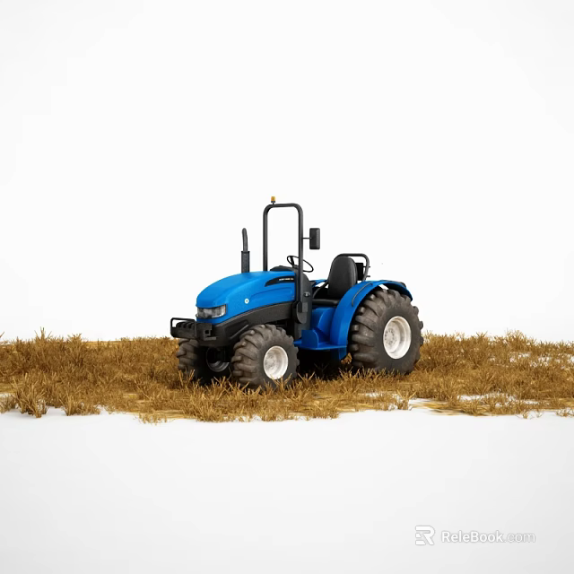 Blue Agricultural Tractor Functional Vehicle In Dry Grass And Snowy Ground 3d model 
