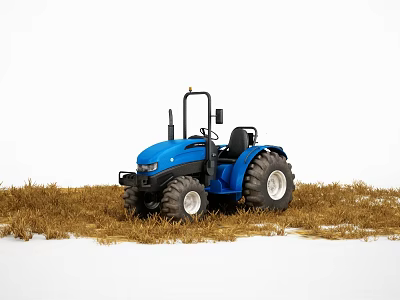 Blue Agricultural Tractor Functional Vehicle In Dry Grass And Snowy Ground 3d model