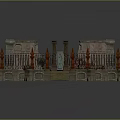 Medieval Courtyard Landscape With Stone Walls Iron Fences Red Spiked Finials And Stone Steps